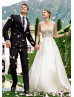 Illusion Bodice Beaded Ivory Lace Mikado Wedding Dress With Pockets